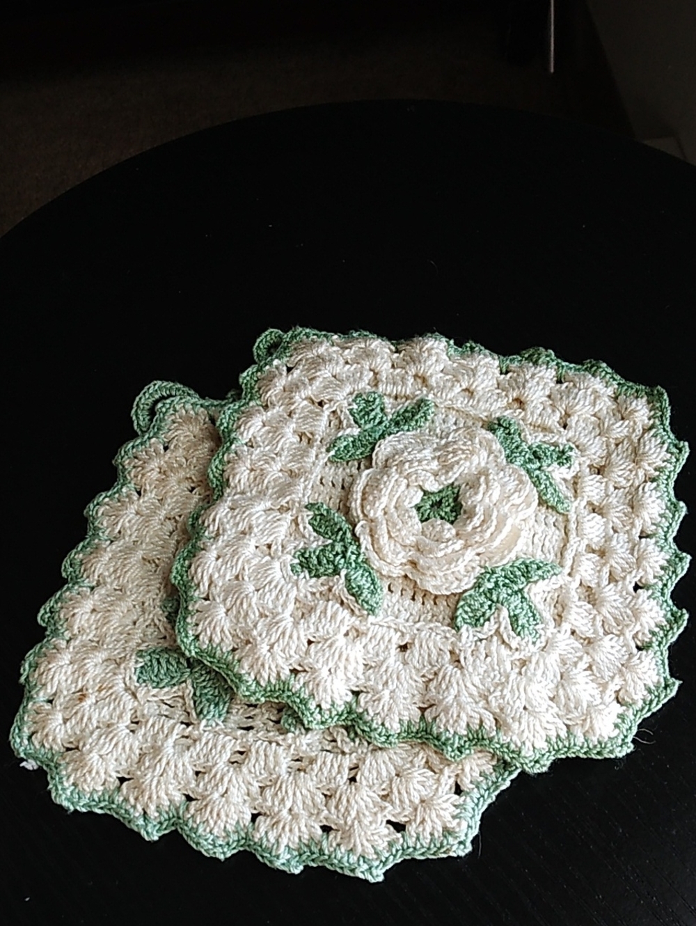 Handmade Vintage Cream Green Crochet Floral Pot Holder Wall Hangings Set Of 2